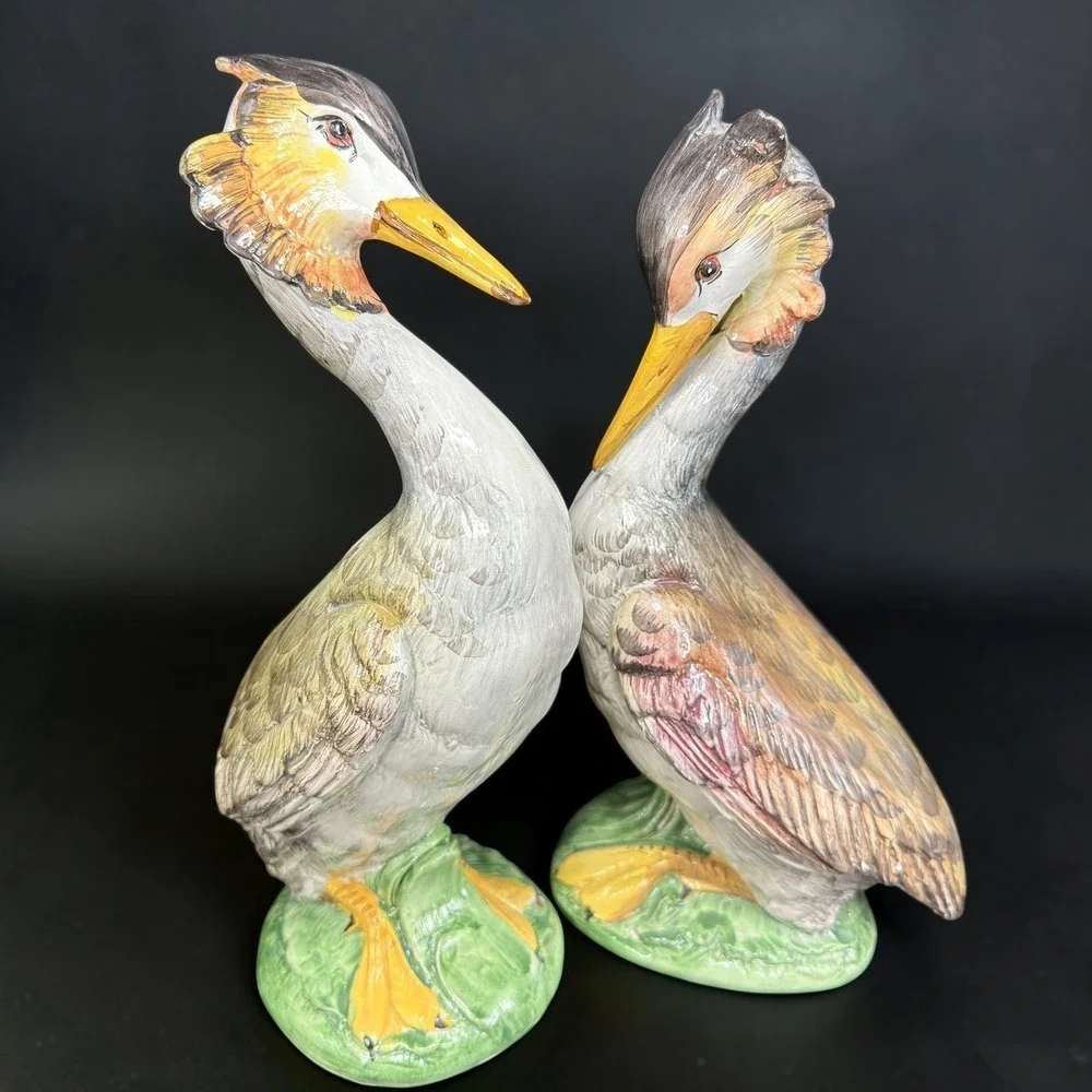 Italian Grebe Water Bird Figurines Set Majolica Stork Crane Hand Painted Italy